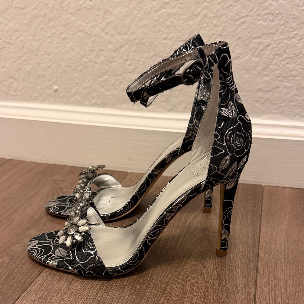 Guess Black and Silver Floral Heels with Ankle Strap size 7
